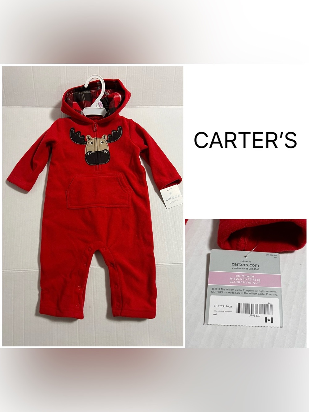 CARTER’S - 9M - NWT - INFANT BOYS RED PLAID MOOSE HOODED FLEECE COVERALL